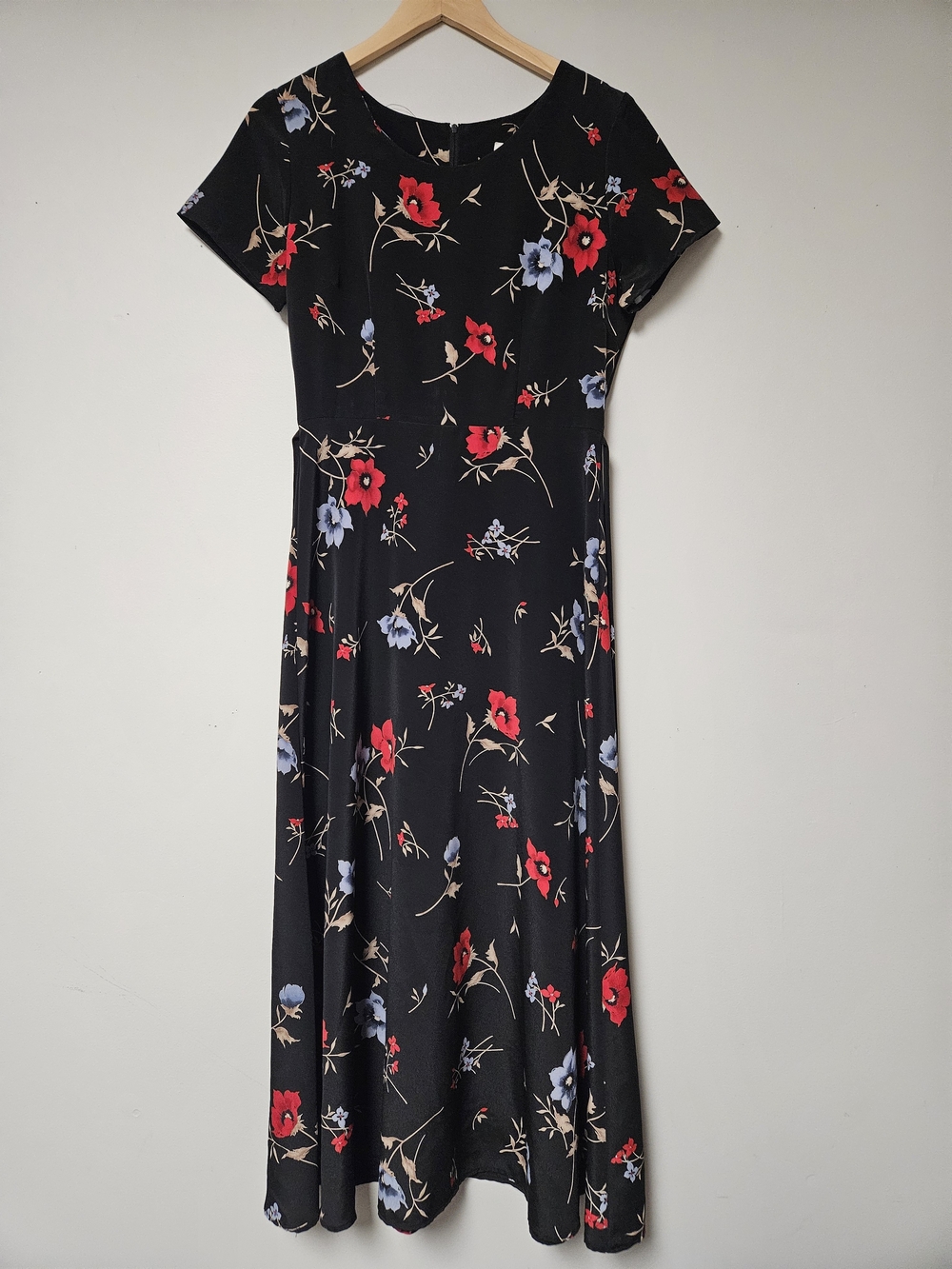 Vintage Jaclyn Smith Black Midi Dress with Red & Light Blue Floral Print